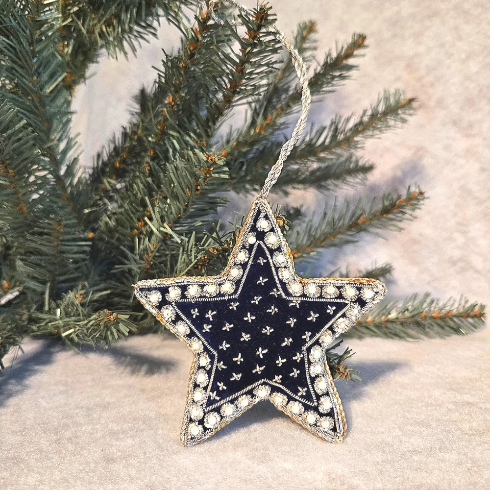 VTG Navy Blue Velvet Pearl Sequin Ornaments Lot of 2, Jeweled Star/Teardrop Ball